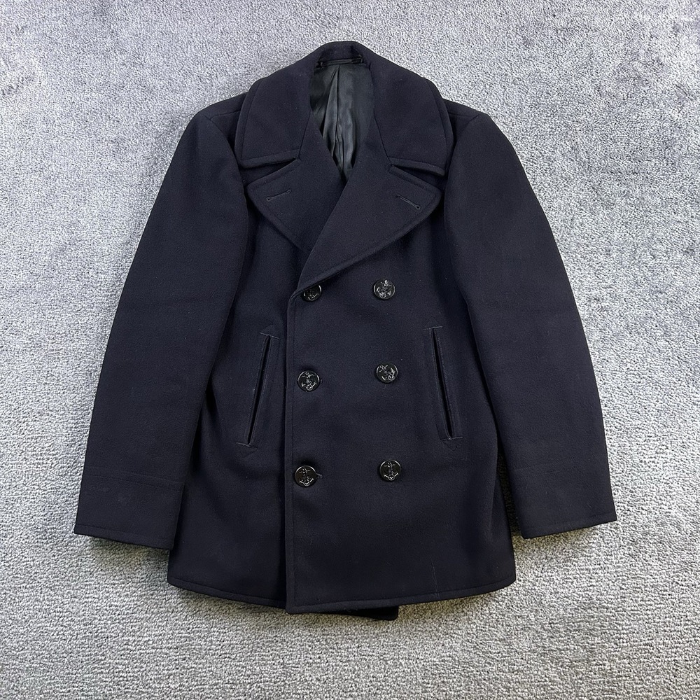 Vintage US Navy Wool Pea Coat Mens 36 Navy Blue Double Breasted Military Jacket